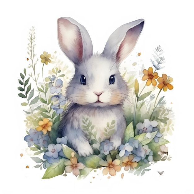 A watercolor painting of a bunny in a field of flowers.