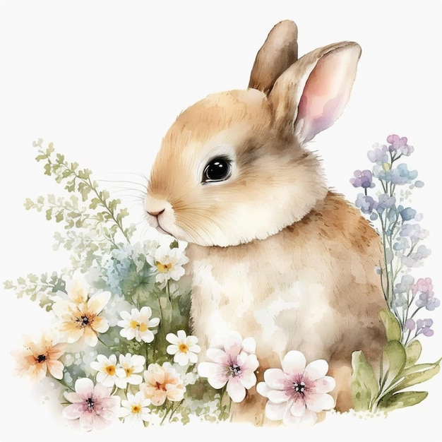 Watercolor painting of a bunny in flowers