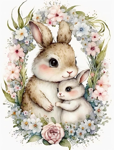 A watercolor painting of a bunny and her mom hugging.