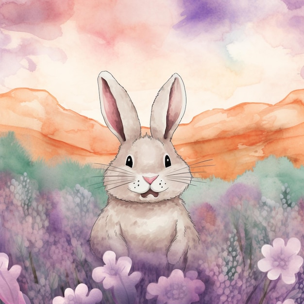 A watercolor painting of a bunny in a lavender field.