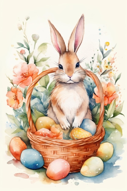 A watercolor painting of a bunny sitting in a basket with easter eggs.