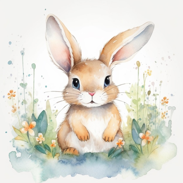 A watercolor painting of a bunny sitting in a field of flowers.