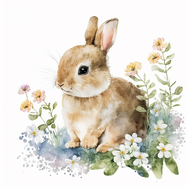 A watercolor painting of a bunny sitting in the grass.