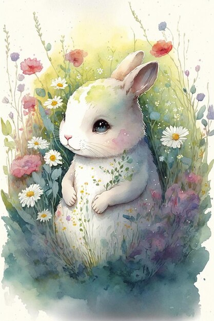 A watercolor painting of a bunny with flowers in the background.