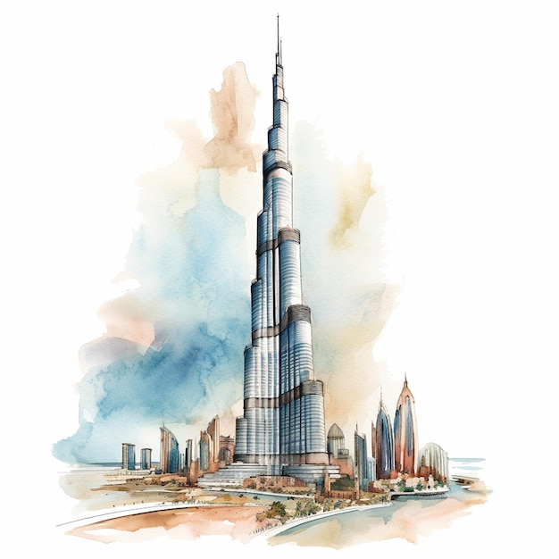 Photo watercolor painting of a burj khalifa building in dubai