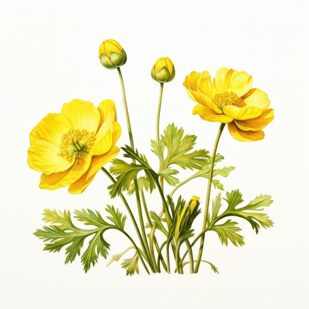 Watercolor painting of buttercup with white background