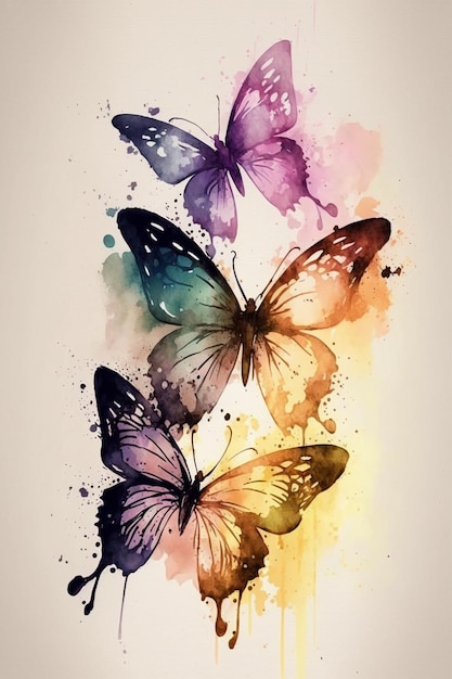 A watercolor painting of butterflies with a rainbow background.