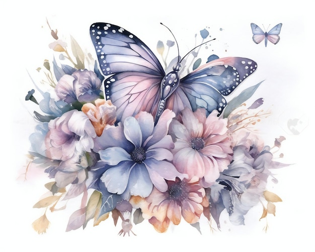 A watercolor painting of a butterfly on a bouquet of flowers.