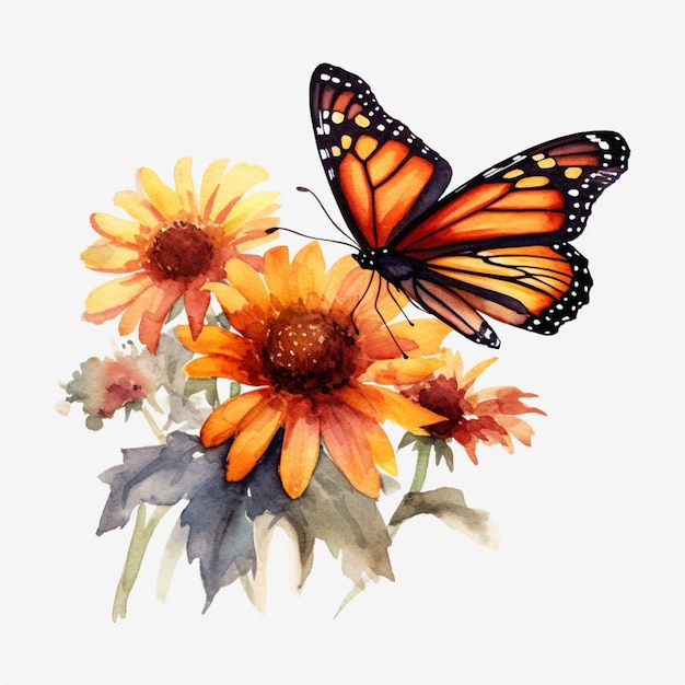 A watercolor painting of a butterfly and flowers