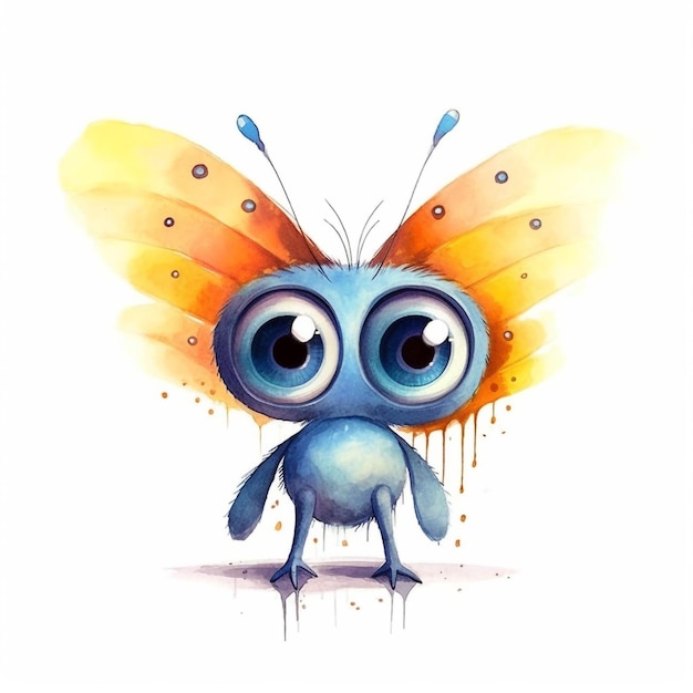 A watercolor painting of a butterfly with big eyes