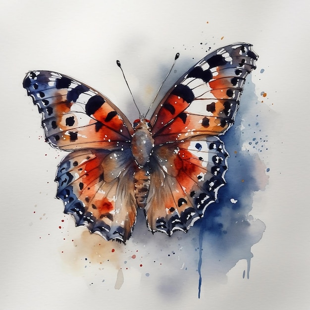 A watercolor painting of a butterfly with orange and black markings.