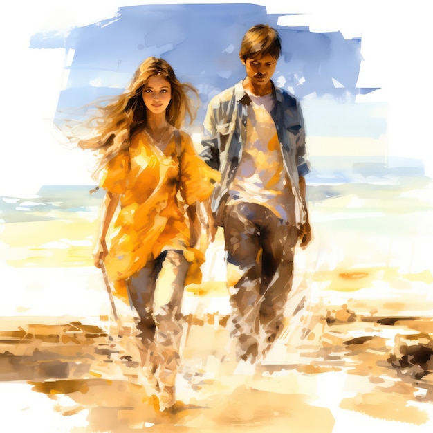 Watercolor painting by Guy Jones of a girl and a boy walking in yellow clothes holding hands