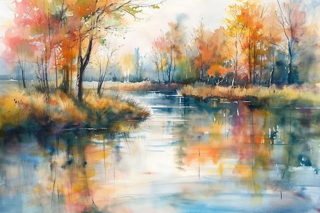 Watercolor painting by the river