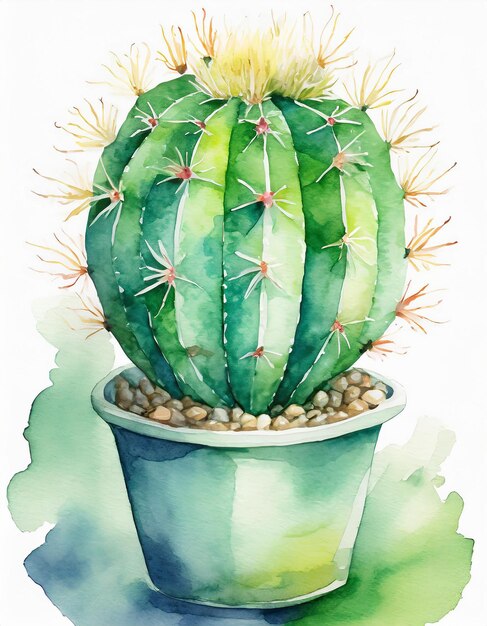 Photo watercolor painting of cactus in pot home garden green houseplant abstract hand drawn art