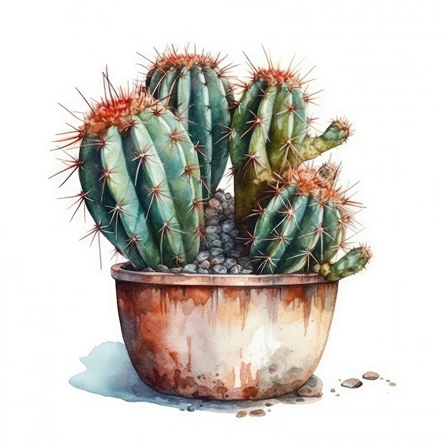 A watercolor painting of a cactus in a pot with coffee beans.