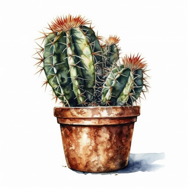 Watercolor painting of a cactus in a pot