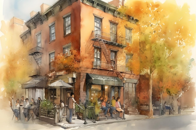 A watercolor painting of a cafe called the cafe.