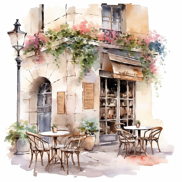 a watercolor painting of a cafe with a sign that says'the restaurant '