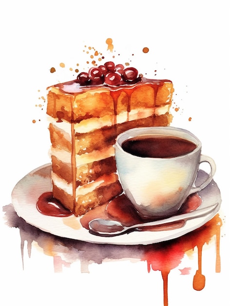 A watercolor painting of a cake and coffee cup.