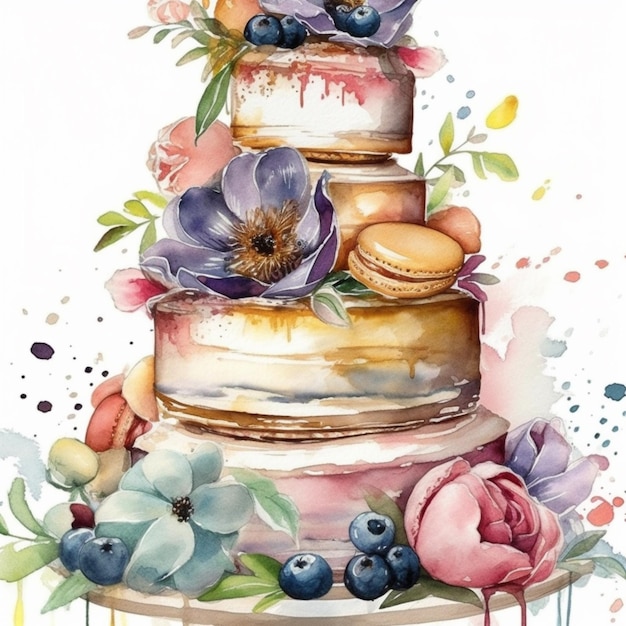 A watercolor painting of a cake with blueberries and flowers.