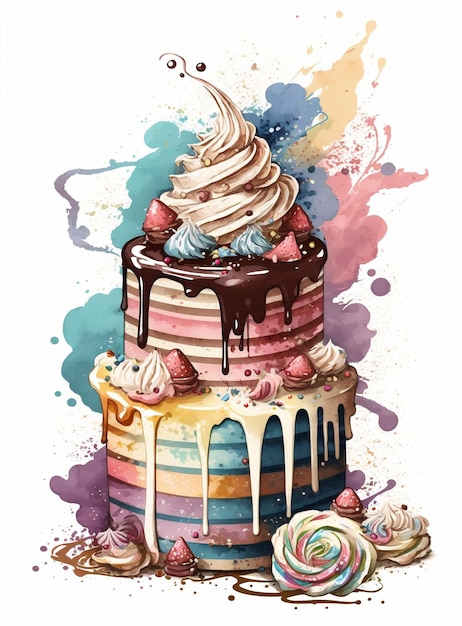 Photo a watercolor painting of a cake with chocolate and strawberry toppings.