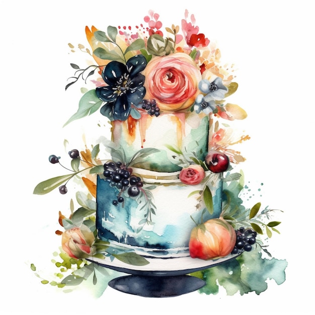 A watercolor painting of a cake with flowers and berries.