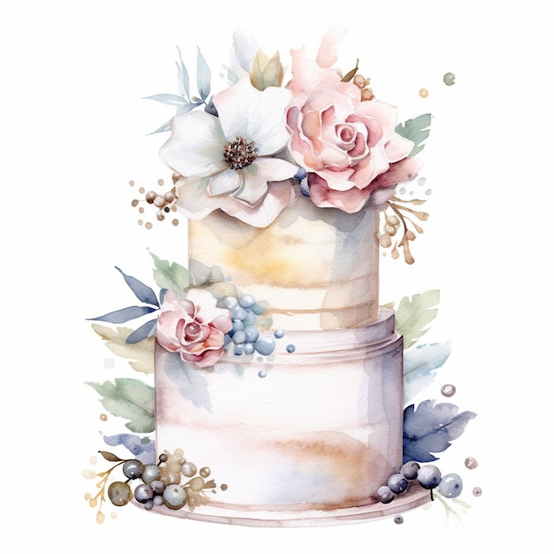 A watercolor painting of a cake with flowers on it