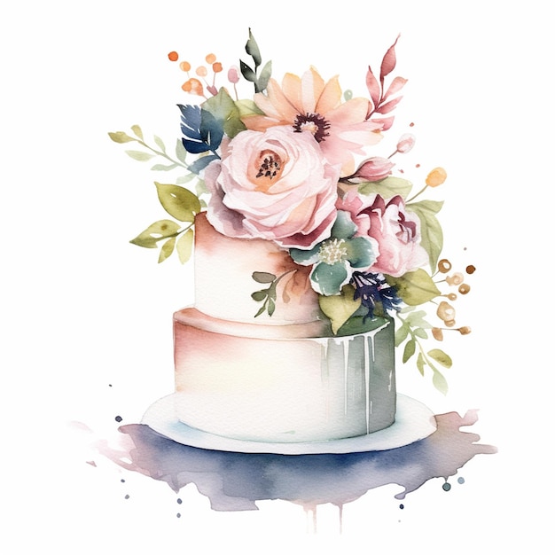 A watercolor painting of a cake with flowers on it.