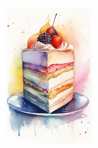 A watercolor painting of a cake with a fruit on it.