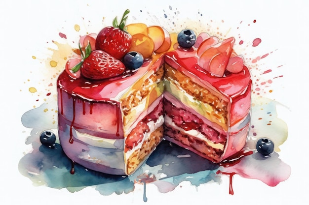 A watercolor painting of a cake with fruit on it.