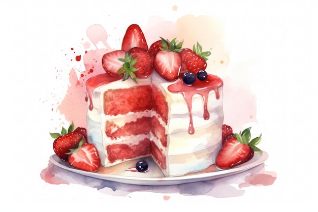 A watercolor painting of a cake with a piece of cake on it.