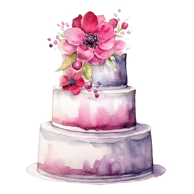 분홍색 꽃이 위에 있는 케이크의 수채화 그림.