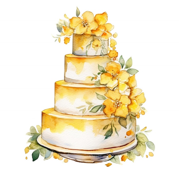 Watercolor painting of a cake with yellow flowers