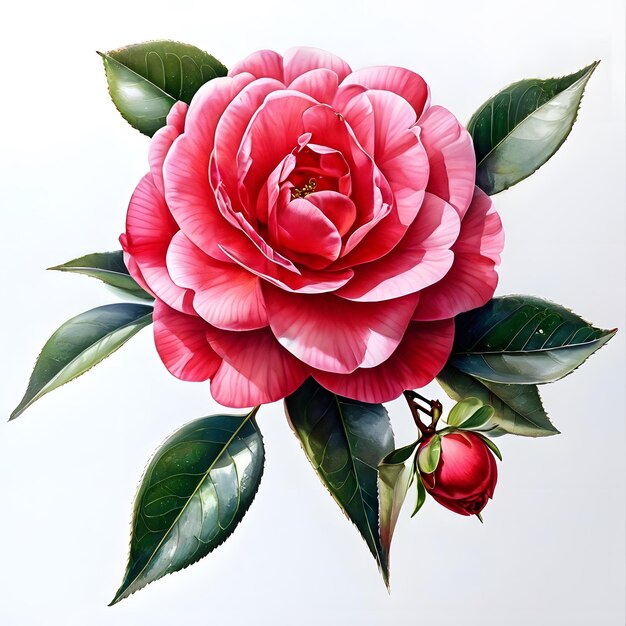 Watercolor painting of camellia on white background