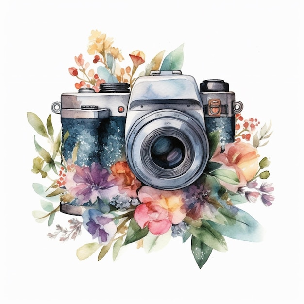 A watercolor painting of a camera and flowers