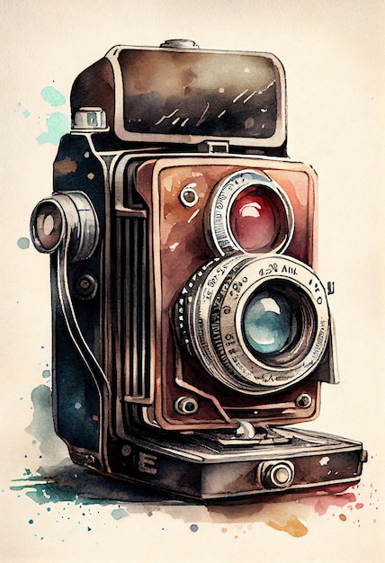 A watercolor painting of a camera with the number 1 on it.