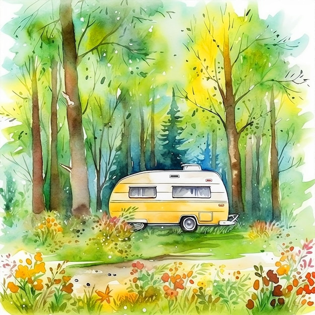 A watercolor painting of a camper in a field with mountains in the background.