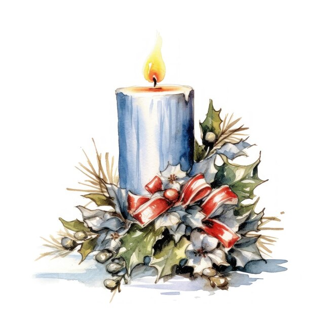 a watercolor painting of a candle and holly wreath.