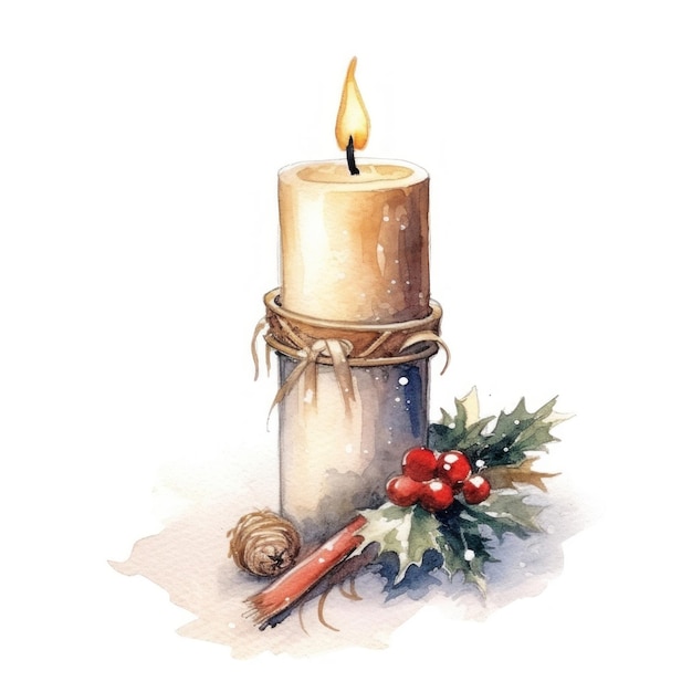 a watercolor painting of a candle with a candle and a wreath.