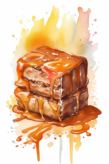 A watercolor painting of caramel shortcake