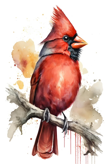 A watercolor painting of a cardinal with a red beak.