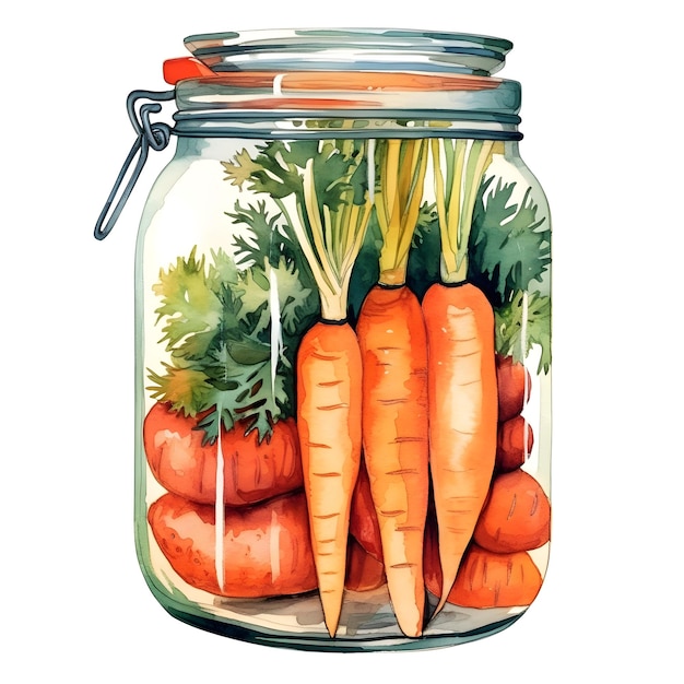 A watercolor painting of carrots in a jar.