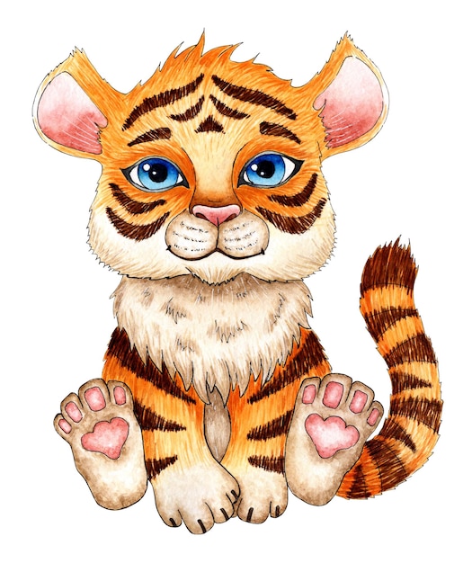 Watercolor painting of a cartoon sitting tiger cub The symbol of the Chinese New Year Christmas