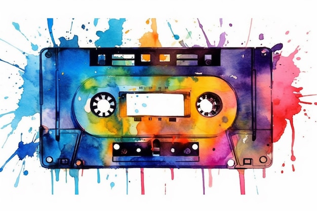 A watercolor painting of a cassette tape