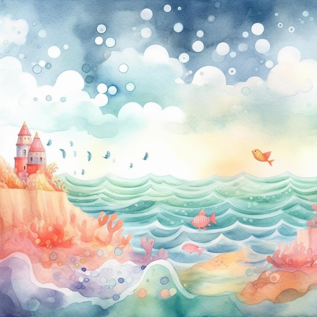 A watercolor painting of a castle and a fish on the ocean.