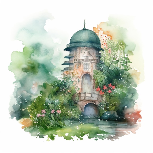 Watercolor painting of a castle in the forest