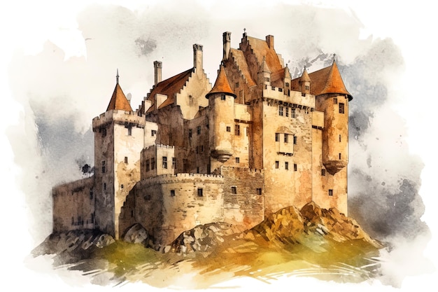 A watercolor painting of a castle in france