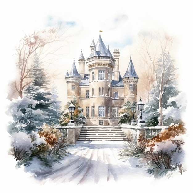 Watercolor painting of a castle in winter