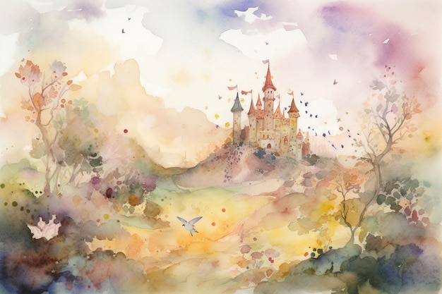 A watercolor painting of a castle with a bird flying in the sky.