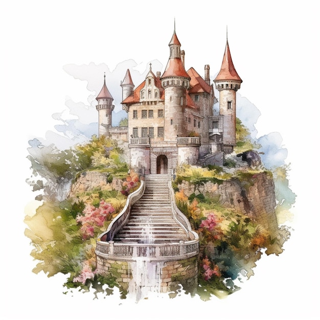 A watercolor painting of a castle with a staircase in the background.